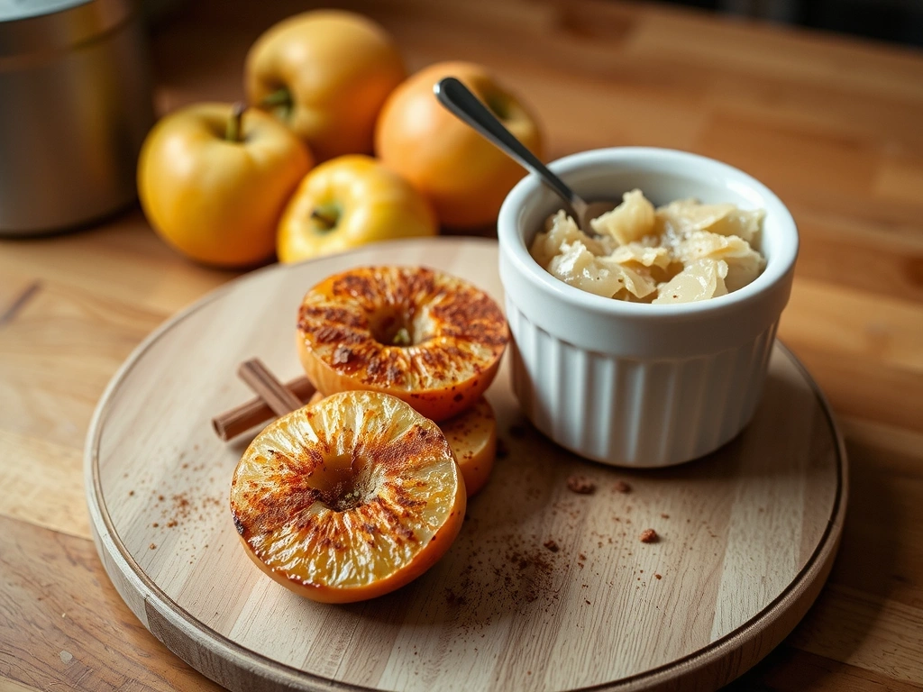 Jabłka pieczone i kapusta kiszona na desce.